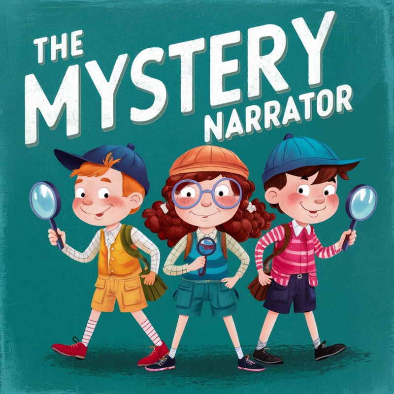 Official show art for The Mystery Narrator: three kid detectives with magnifying glasses stand together on a textured teal background under the title.